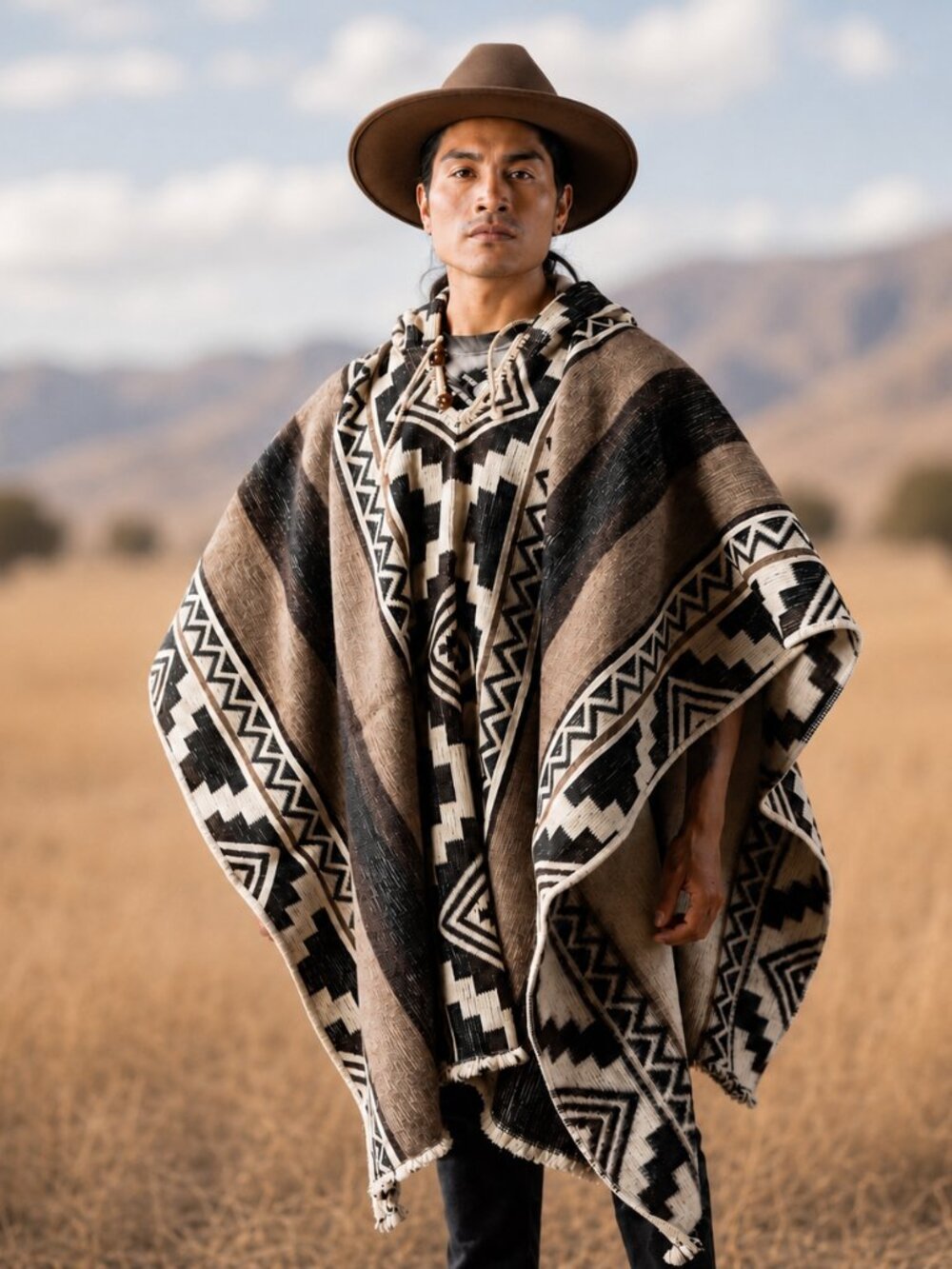 Handwoven Unisex Native American Hooded Wool Poncho - 100% Wool Pullover Coat